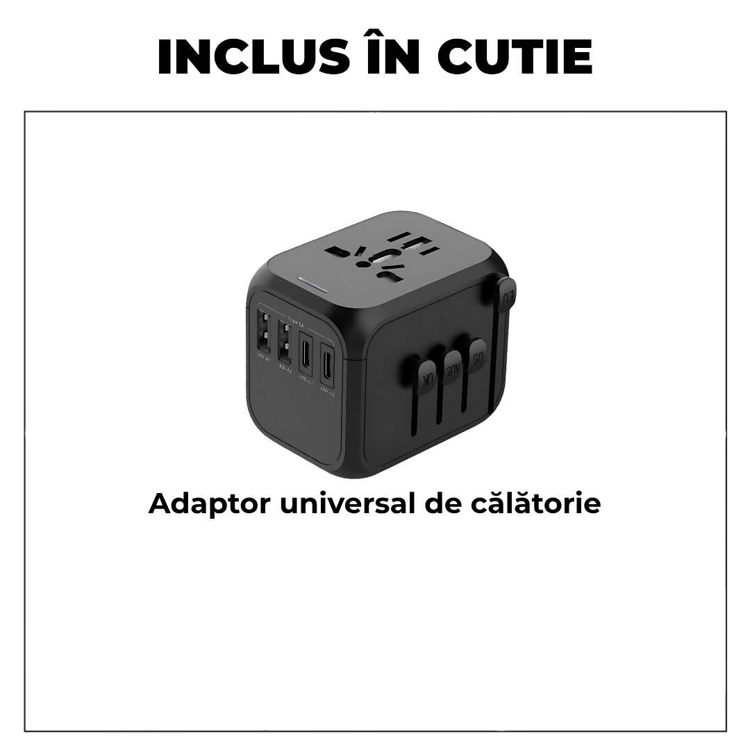 Adaptor Universal de Călătorie cu 5 Porturi de Încărcare — 2 USB-A, 2 USB-C, Compatibil US/UK/EU/AU/Asia