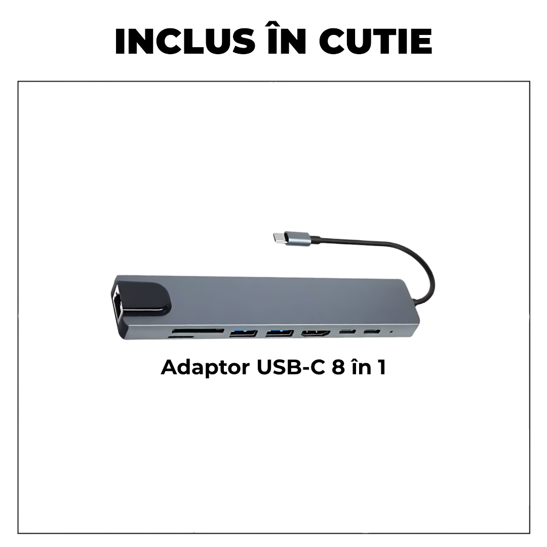 Hub USB-C 8 în 1 – HDMI 4K, PD 100W, Ethernet, MicroSD